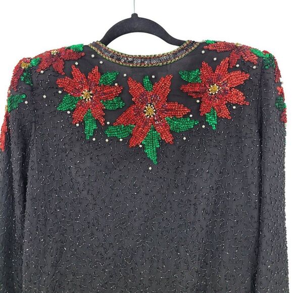 Vtg 80s Black Silk Red Poinsettia Beaded Jacket Cardigan Sz S Christmas Holiday - Picture 8 of 10